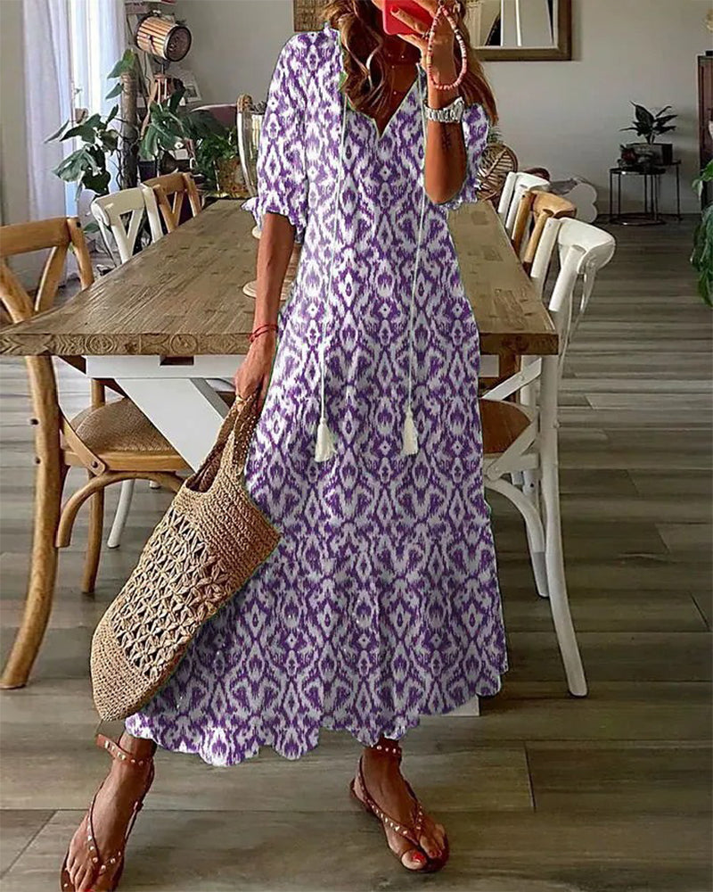 LISA | Lange Geprinte Jurk met 3/4 Mouwen en Elegante Koorddetails