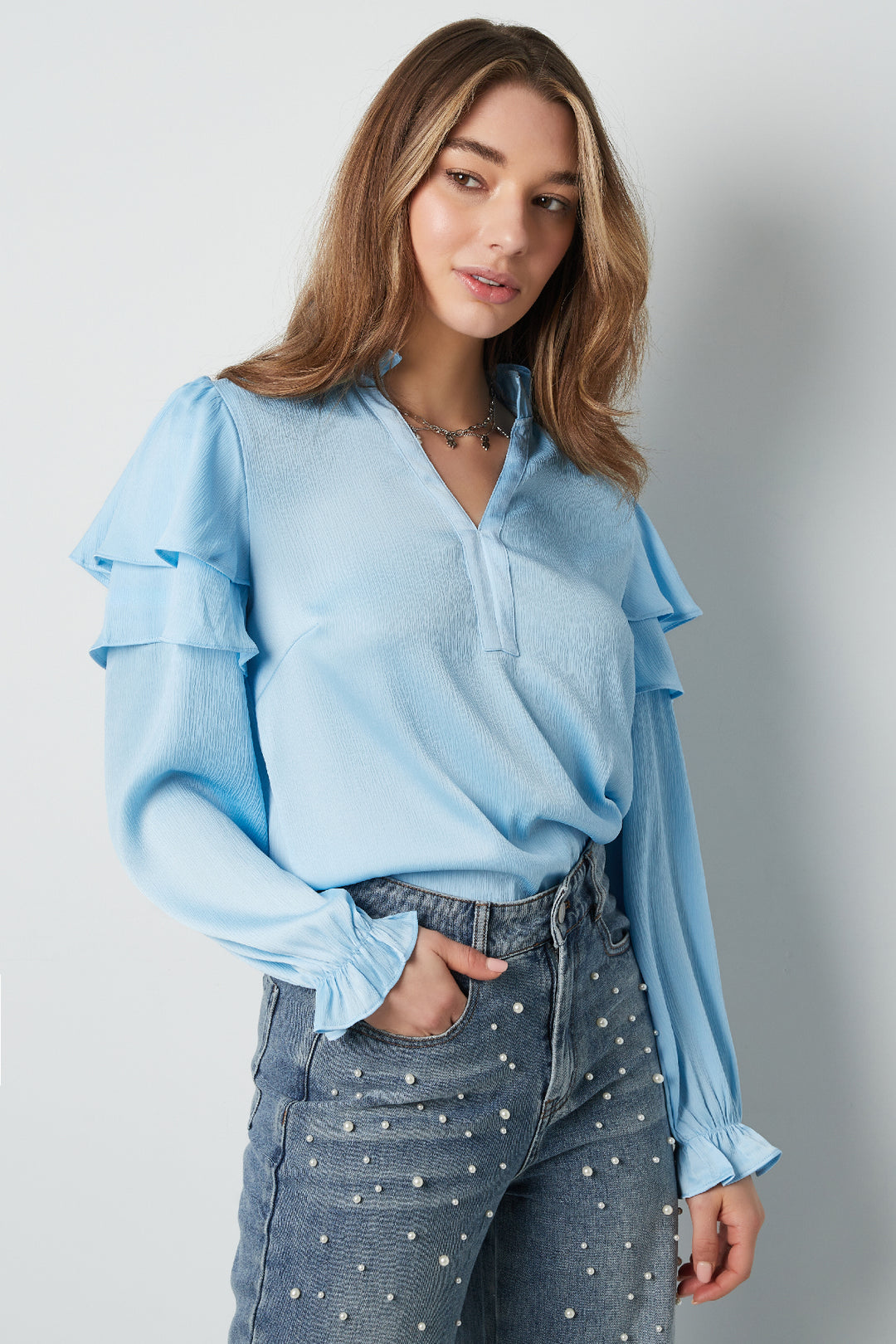 Polyester Vrouwen Lange Mouw Top Met Plooien V-Hals