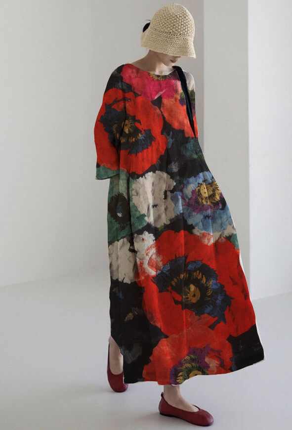 LOTTE | Midi Jurk Artistiek met Maximale Comfort en Intense Bloemenprint voor een Indrukwekkende Look