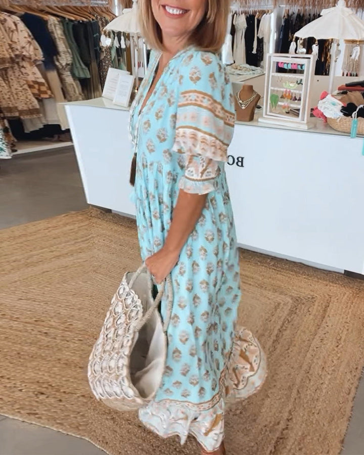 MAYA | Midi Jurk met V-hals en Elegante Ballonmouwen
