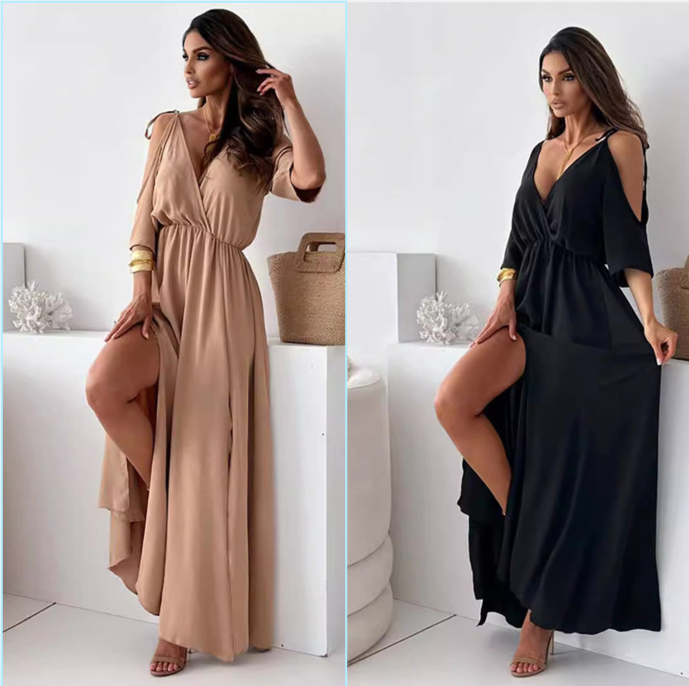MEREL | Elegante Jurk met Zijsplit en V-hals voor een Flatterende en Vrouwelijke Stijl