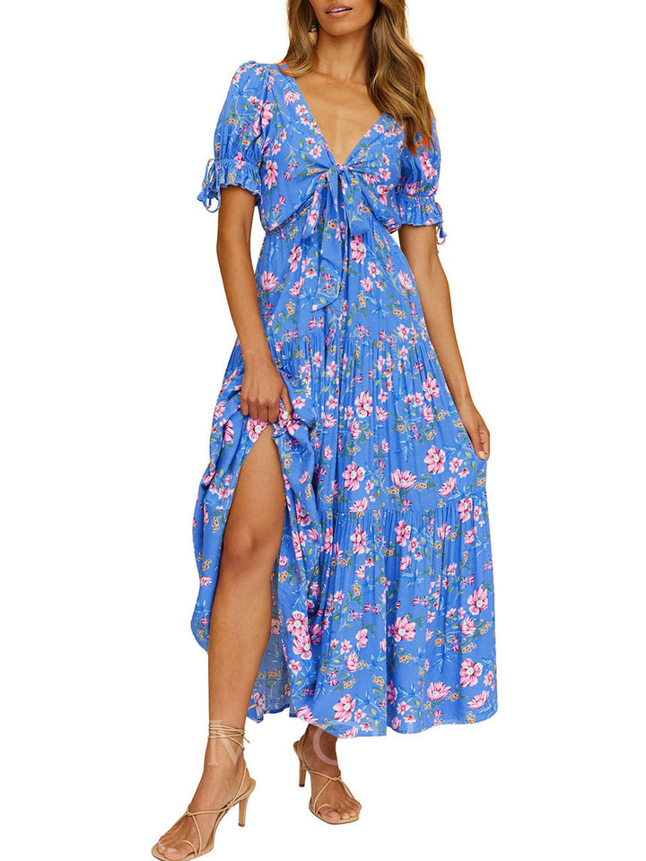 Bloemen strandjurk met korte mouwen