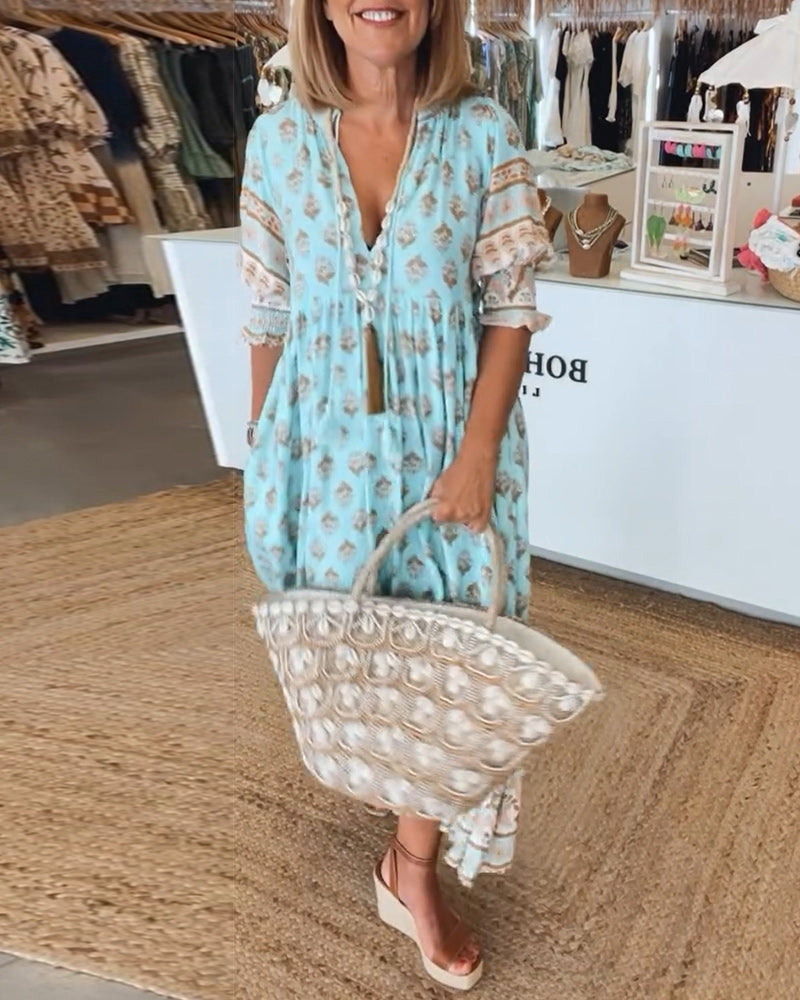 MAYA | Midi Jurk met V-hals en Elegante Ballonmouwen