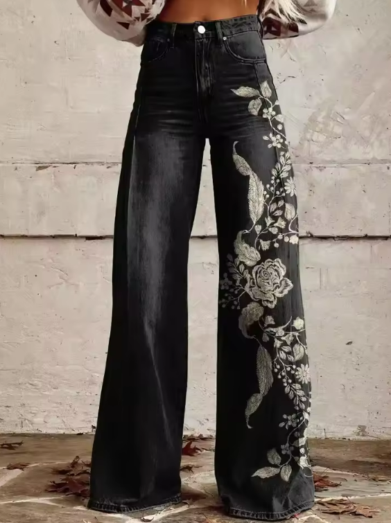 CLAIRE | Vintage Zwarte Bloemen Chique Broek