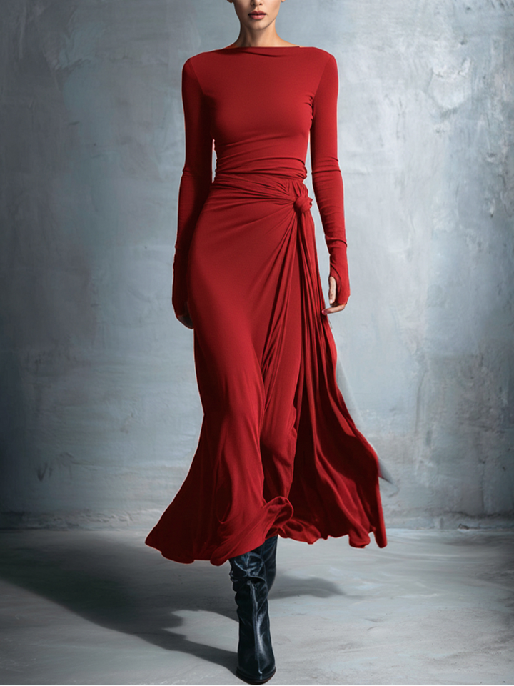 AMKE™ | Maxi Jurk met Tailleaccent en Vloeiende Elegantie voor Tijdloze Avonden