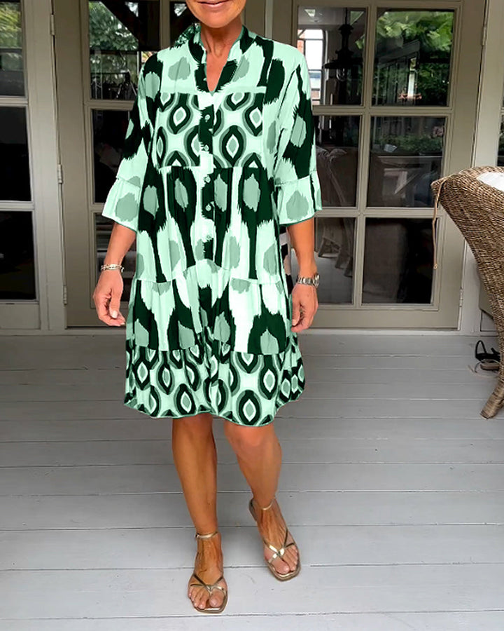FLORA | Geprinte Jurk met 3/4 Mouwen en A-Lijn Snit voor een Elegante en Ontspannen Look
