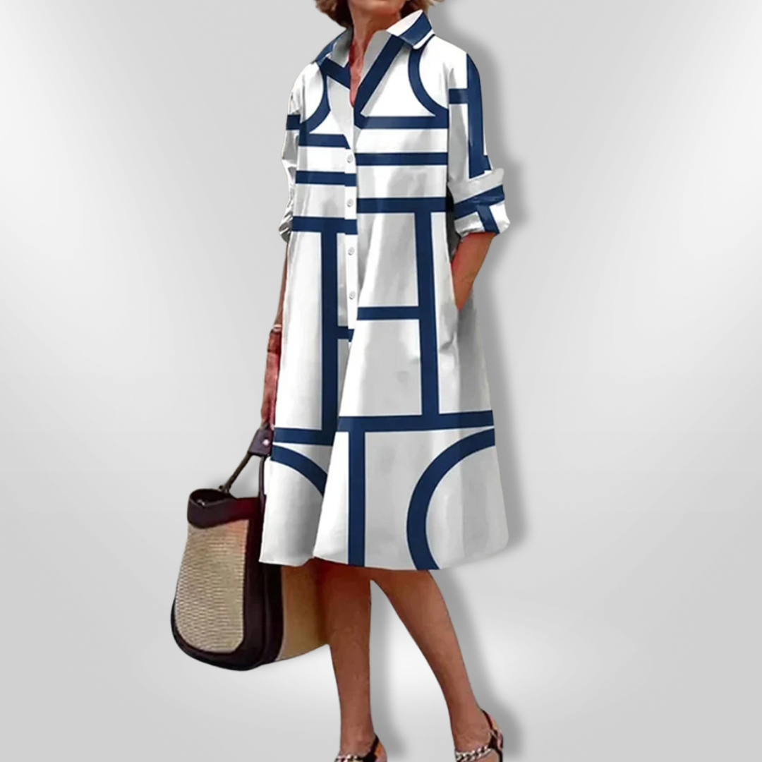 HANNE | Midi Hemdress met Flatterende Snit en Moderne Geometrische Print