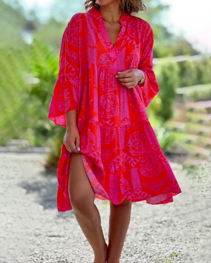 YONA | Lange Jurk met Boho Print en 3/4 Mouwen met Klok