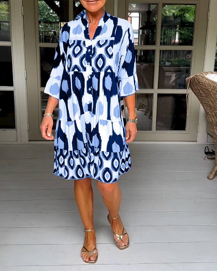 FLORA | Geprinte Jurk met 3/4 Mouwen en A-Lijn Snit voor een Elegante en Ontspannen Look