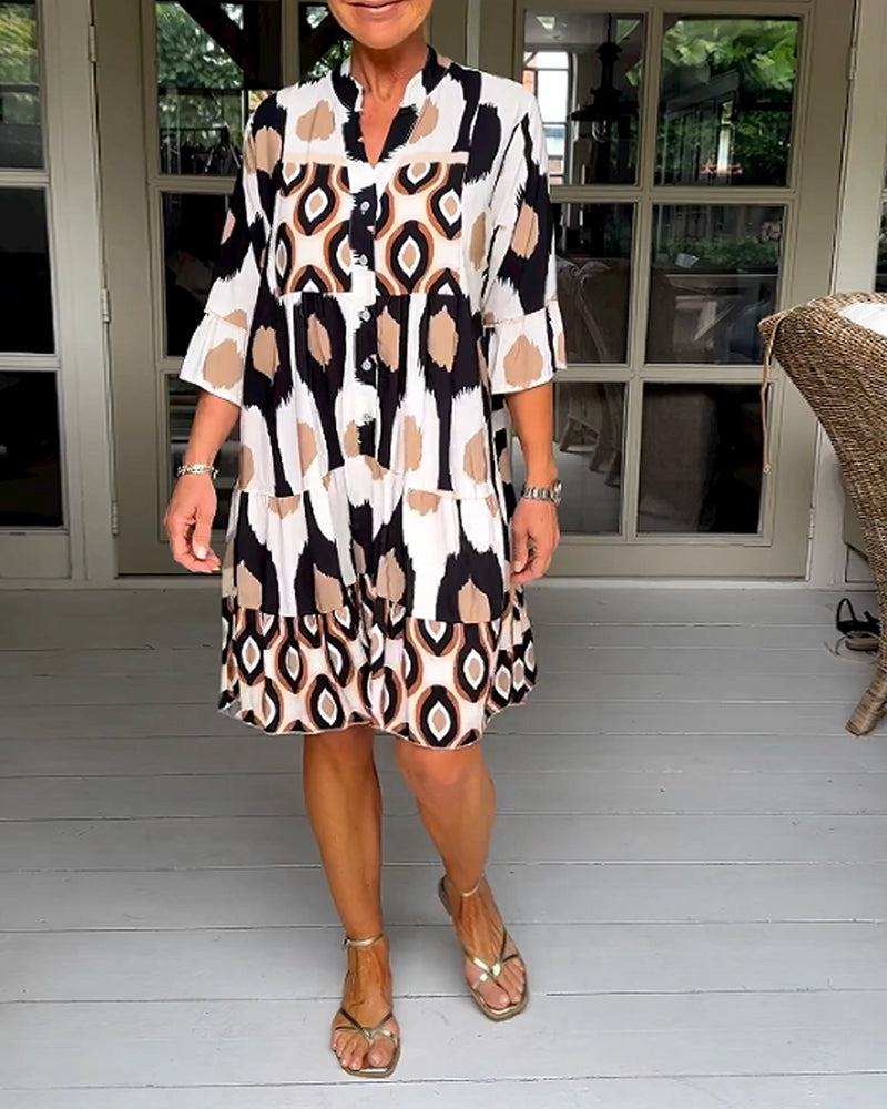 FLORA | Geprinte Jurk met 3/4 Mouwen en A-Lijn Snit voor een Elegante en Ontspannen Look