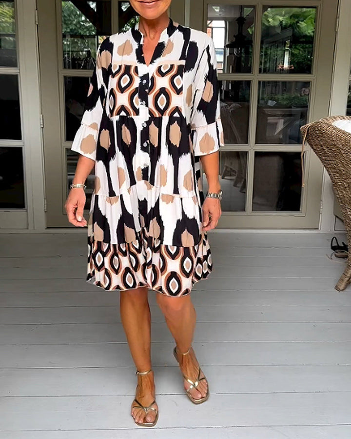 FLORA | Geprinte Jurk met 3/4 Mouwen en A-Lijn Snit voor een Elegante en Ontspannen Look
