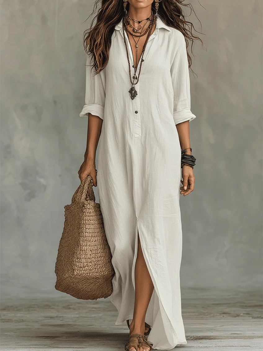 Soline™ | Oversized Zwarte Maxi Jurk met Knopen