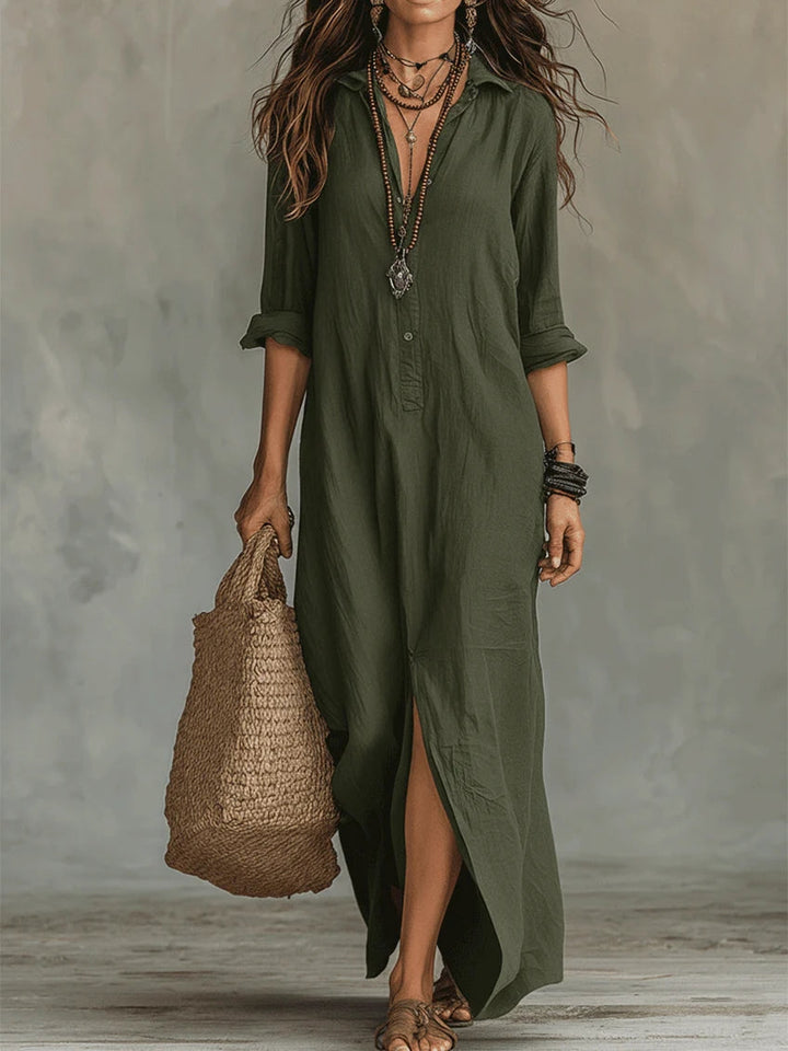 Soline™ | Oversized Zwarte Maxi Jurk met Knopen