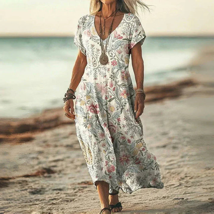 MIRAVELLE | Midi Vintage Jurk met Vloeiende Snit en Ontspannen Elegantie voor Zomerse Dagen