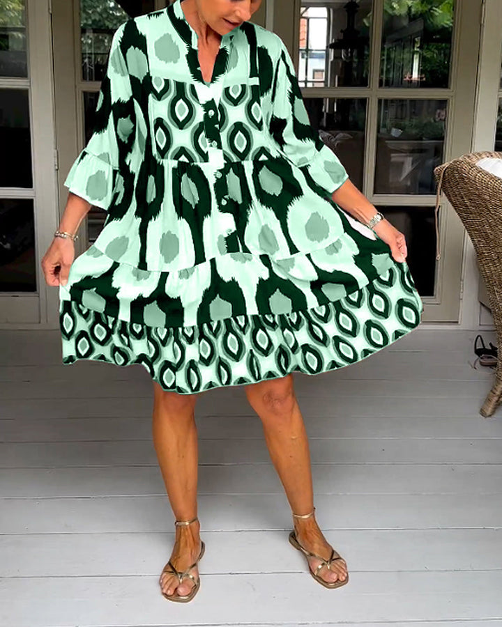 FLORA | Geprinte Jurk met 3/4 Mouwen en A-Lijn Snit voor een Elegante en Ontspannen Look