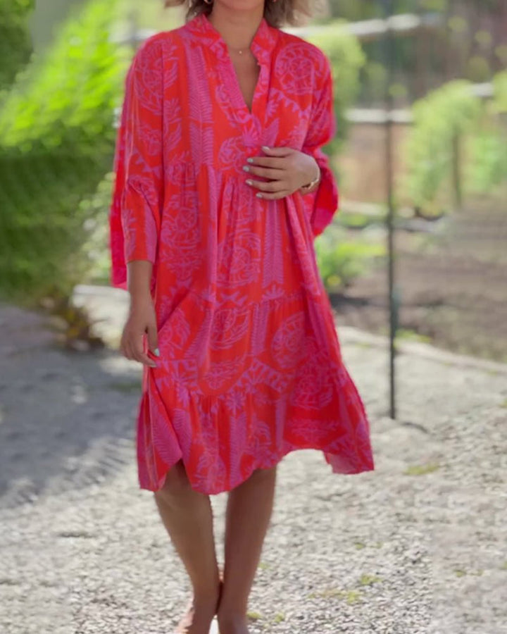YONA | Lange Jurk met Boho Print en 3/4 Mouwen met Klok