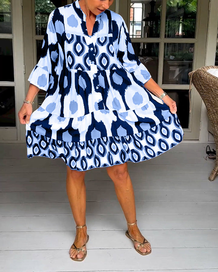 FLORA | Geprinte Jurk met 3/4 Mouwen en A-Lijn Snit voor een Elegante en Ontspannen Look