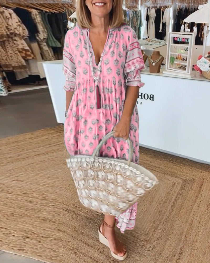 MAYA | Midi Jurk met V-hals en Elegante Ballonmouwen
