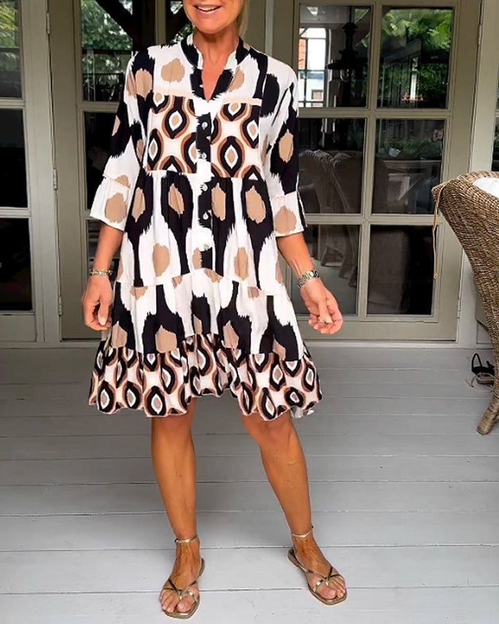 FLORA | Geprinte Jurk met 3/4 Mouwen en A-Lijn Snit voor een Elegante en Ontspannen Look