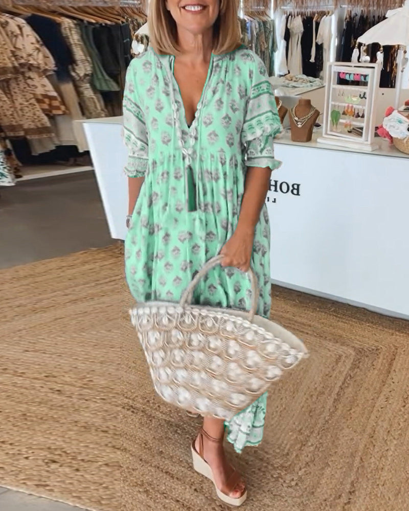 MAYA | Midi Jurk met V-hals en Elegante Ballonmouwen