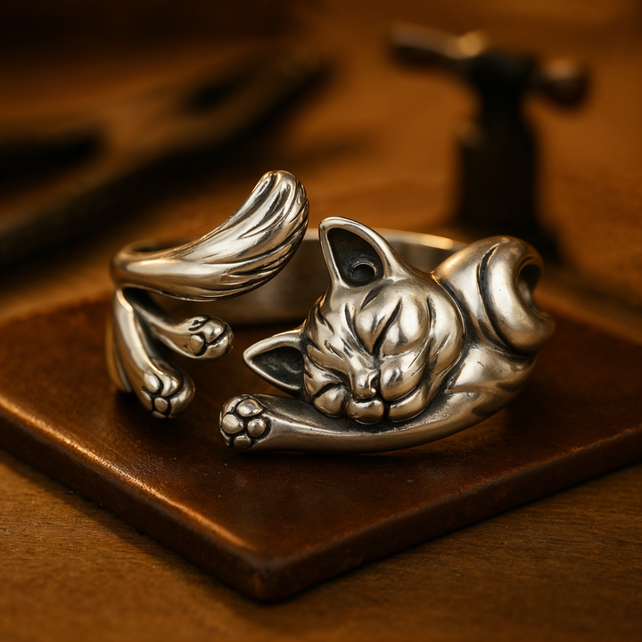 Vintage ring met kat in zilver