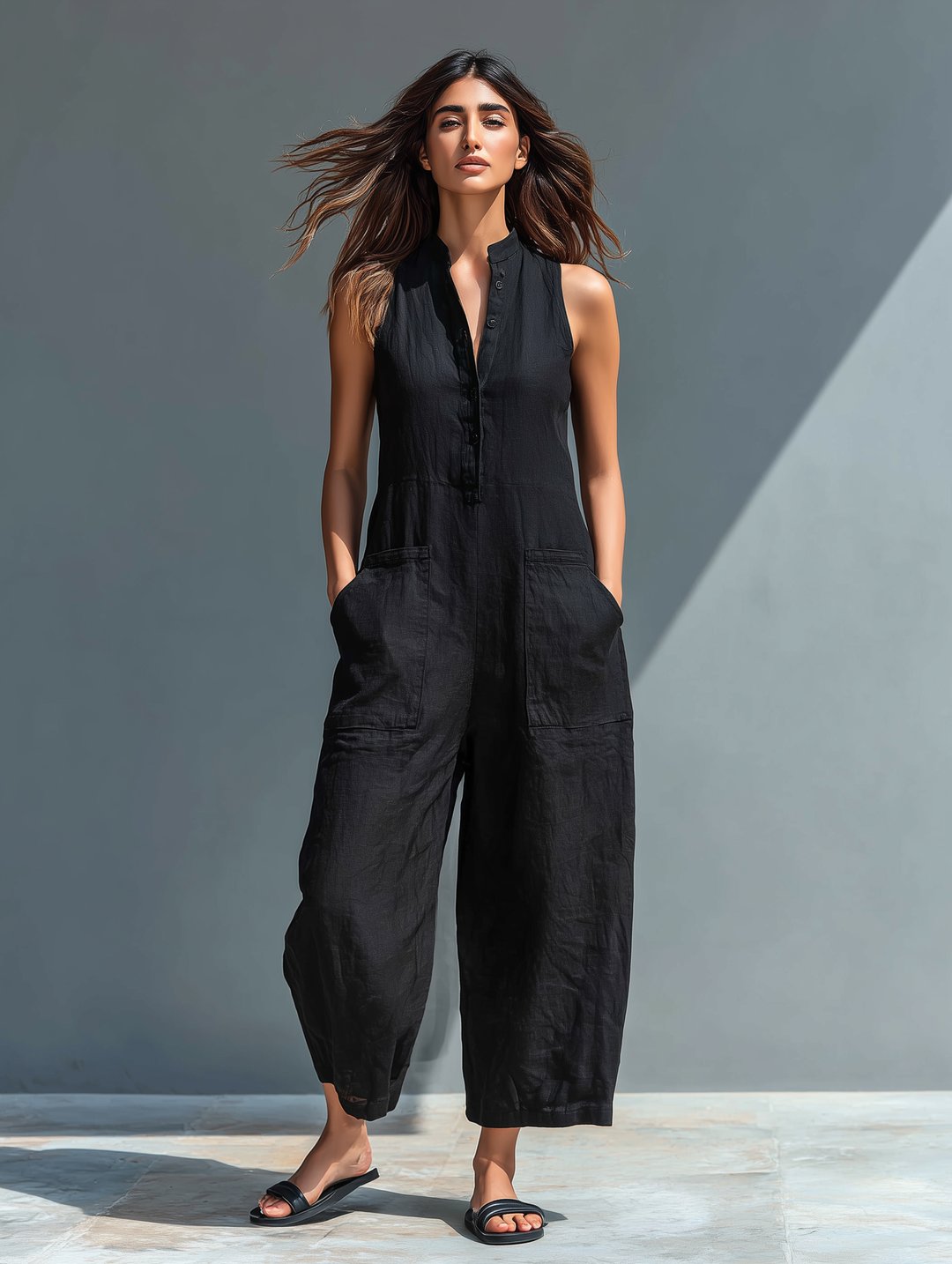 Nova™ | Mouwloze Linnen Jumpsuit met Knopen