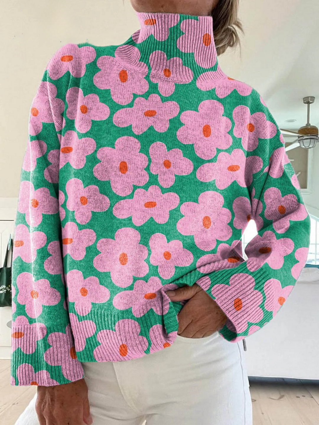 MAISON LORÉA™ | Bloemige Trui met Hoge Kraag voor Comfortabele Elegantie en Dagelijks Stijlplezier