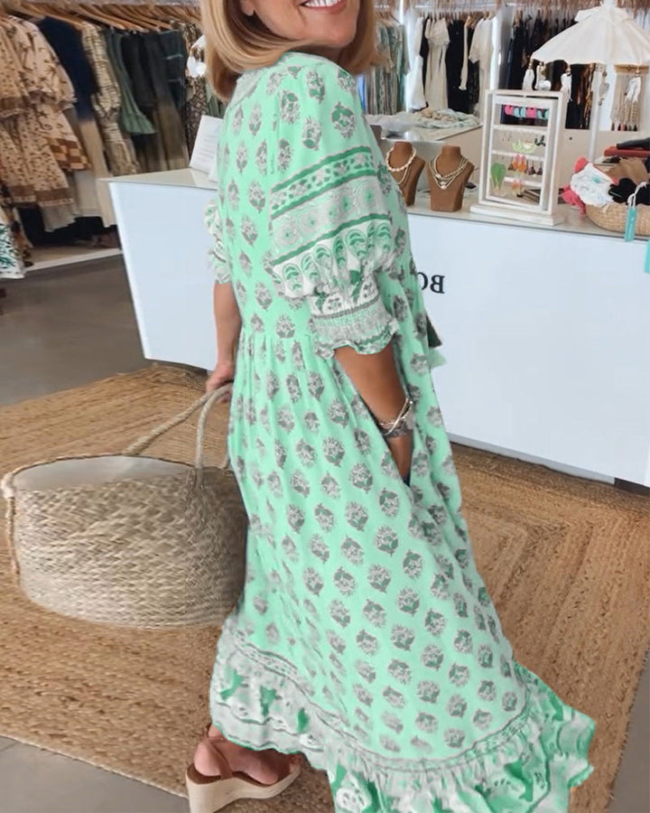 MAYA | Midi Jurk met V-hals en Elegante Ballonmouwen