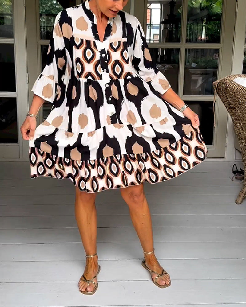 FLORA | Geprinte Jurk met 3/4 Mouwen en A-Lijn Snit voor een Elegante en Ontspannen Look