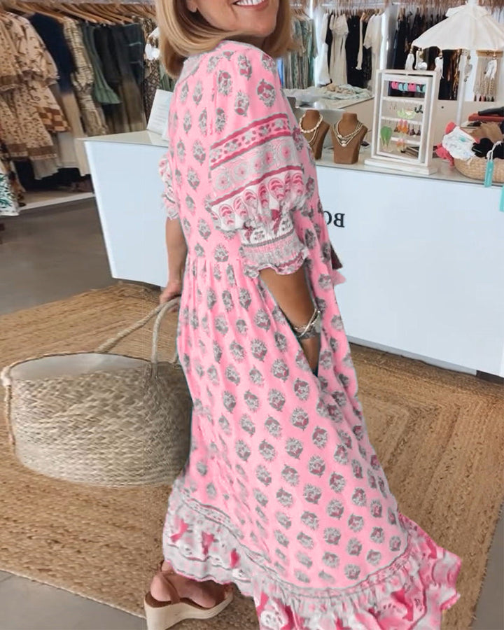 MAYA | Midi Jurk met V-hals en Elegante Ballonmouwen