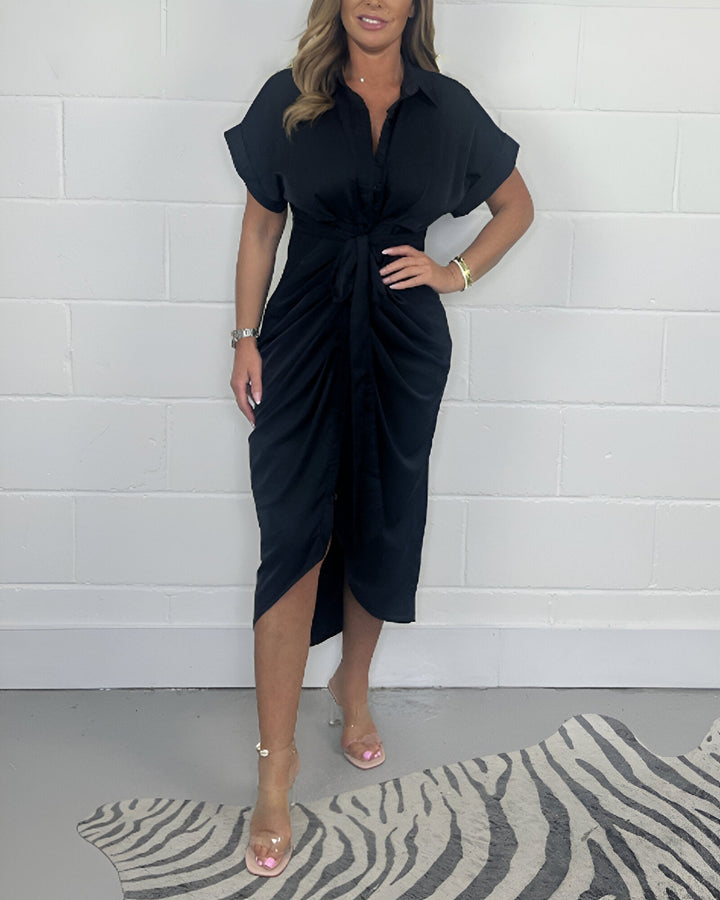 VARA | Chemisier Jurk met Strik en Aangerimpelde Zoom voor Dagelijkse Elegantie