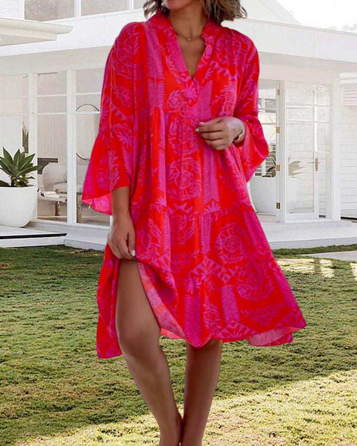YONA | Lange Jurk met Boho Print en 3/4 Mouwen met Klok