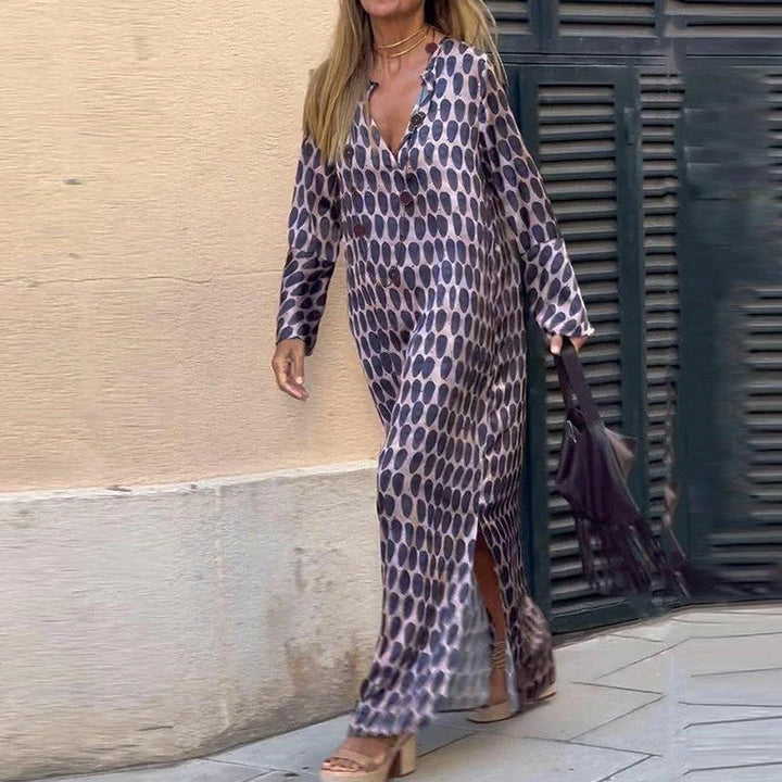 TINA | Lange Jurk met Geometrische Print en Elegante Snit voor Elke Gelegenheid