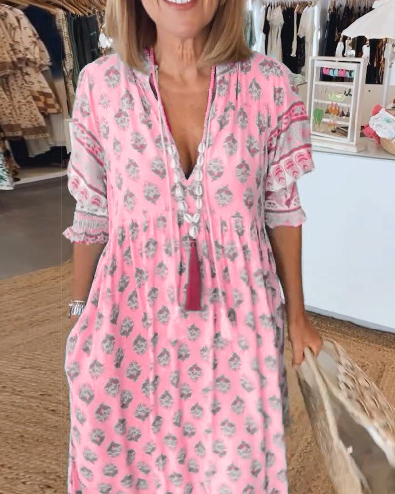 MAYA | Midi Jurk met V-hals en Elegante Ballonmouwen