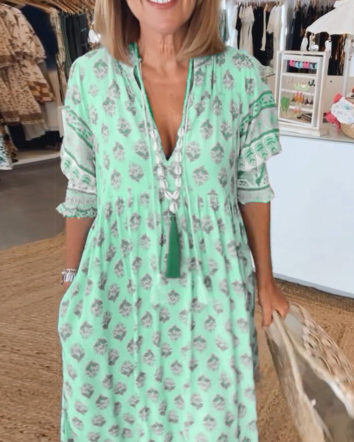 MAYA | Midi Jurk met V-hals en Elegante Ballonmouwen