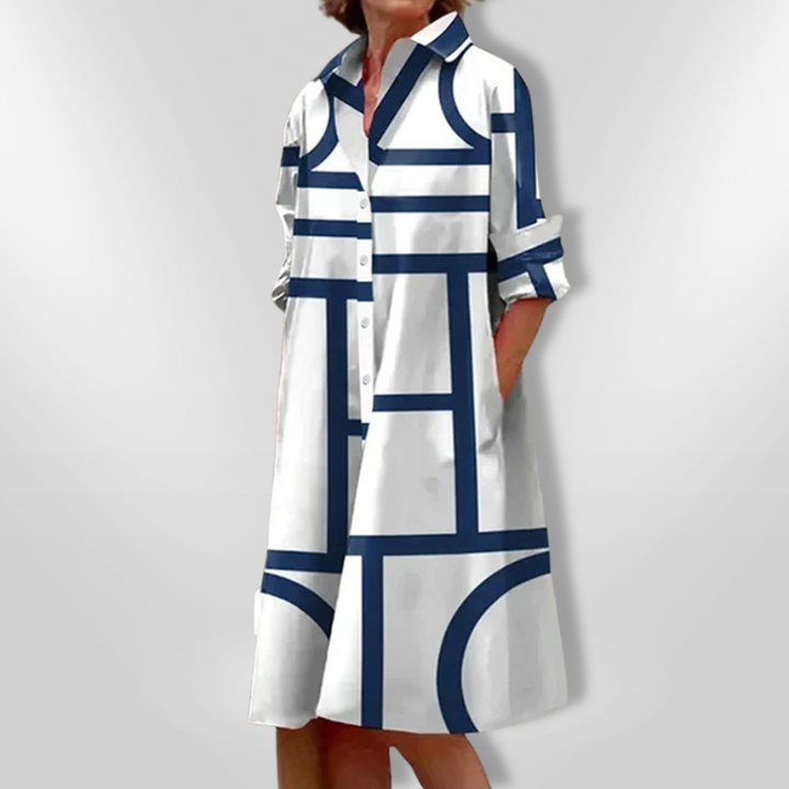 HANNE | Midi Hemdress met Flatterende Snit en Moderne Geometrische Print