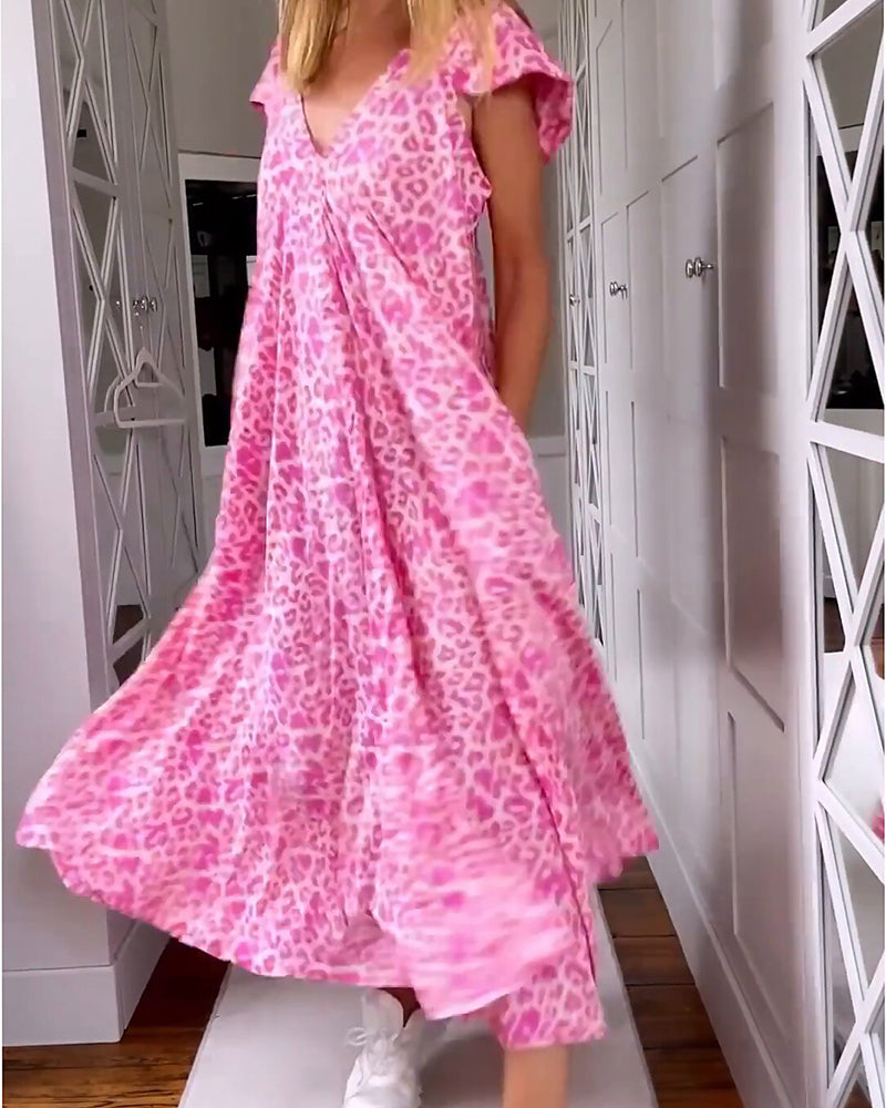 MIA | Lange Geprinte Jurk met V-hals en Korte Mouwen voor een Boho Zomerse Look