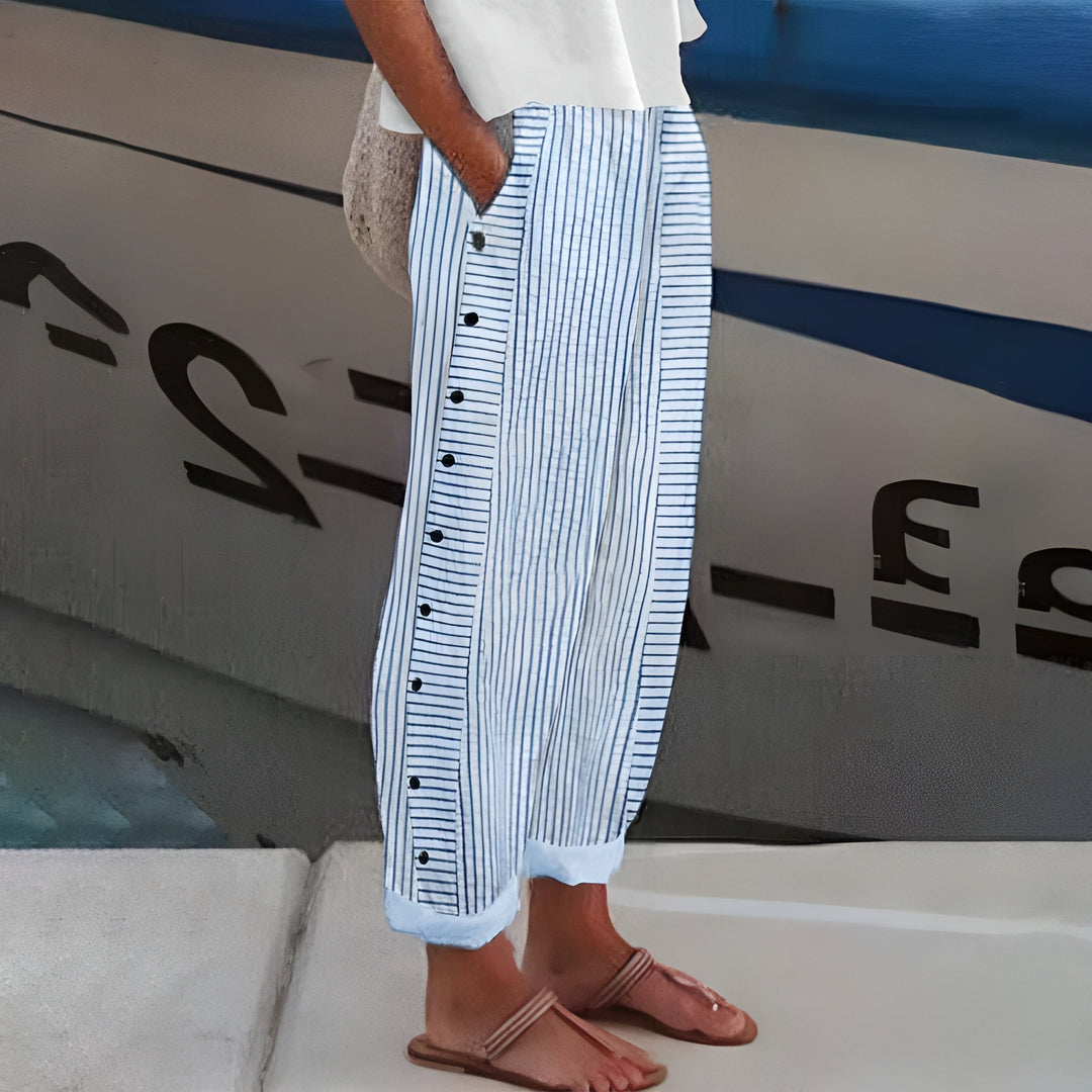 VIRELLA | Lichte Zomerbroek met Dunne Strepen en Zijknopen voor Casual Chic Stijl