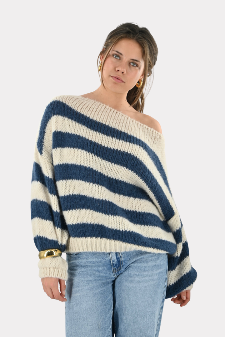 Kato off shoulder knit - navy/wit