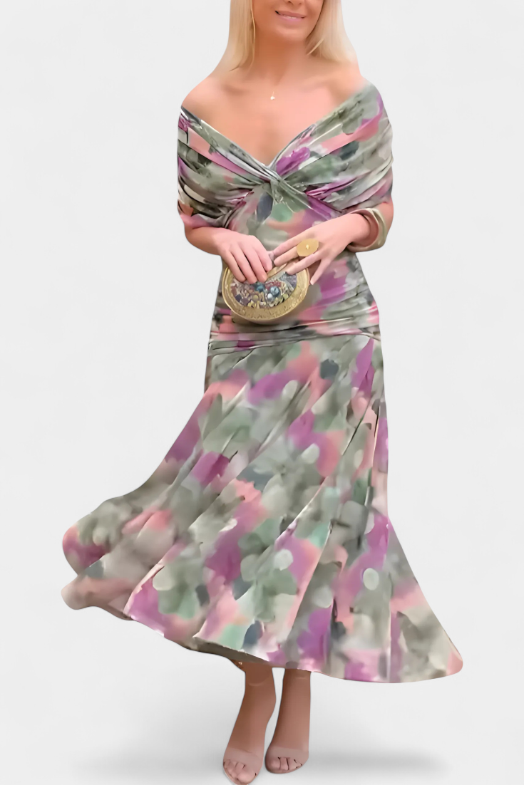 NAÍMA™ | Lange Elegante Jurk met V-Hals en Vloeiende Silhouet