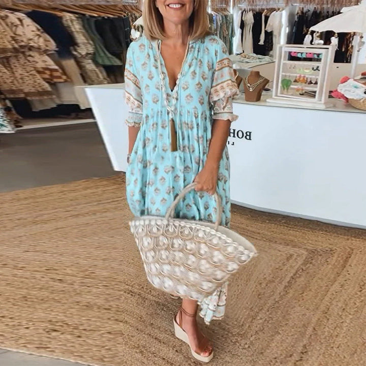 MAYA | Midi Jurk met V-hals en Elegante Ballonmouwen