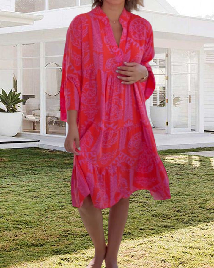YONA | Lange Jurk met Boho Print en 3/4 Mouwen met Klok