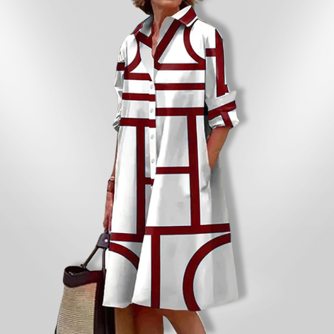 HANNE | Midi Hemdress met Flatterende Snit en Moderne Geometrische Print