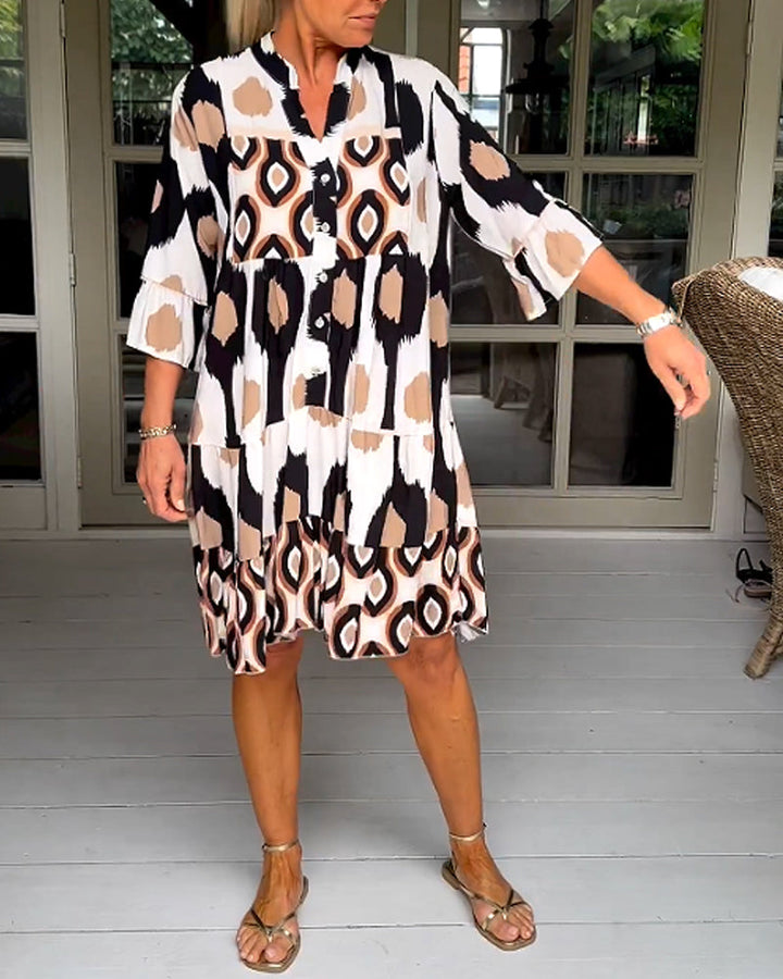 FLORA | Geprinte Jurk met 3/4 Mouwen en A-Lijn Snit voor een Elegante en Ontspannen Look