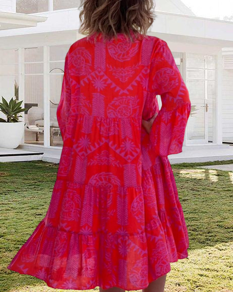 YONA | Lange Jurk met Boho Print en 3/4 Mouwen met Klok
