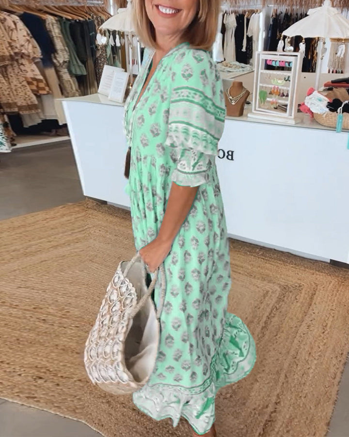 MAYA | Midi Jurk met V-hals en Elegante Ballonmouwen