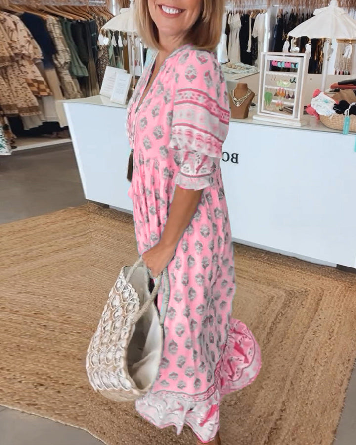 MAYA | Midi Jurk met V-hals en Elegante Ballonmouwen