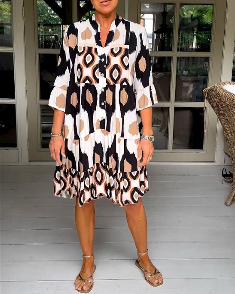 FLORA | Geprinte Jurk met 3/4 Mouwen en A-Lijn Snit voor een Elegante en Ontspannen Look