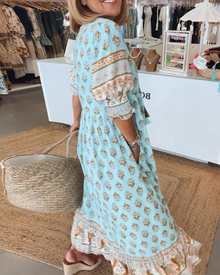 MAYA | Midi Jurk met V-hals en Elegante Ballonmouwen