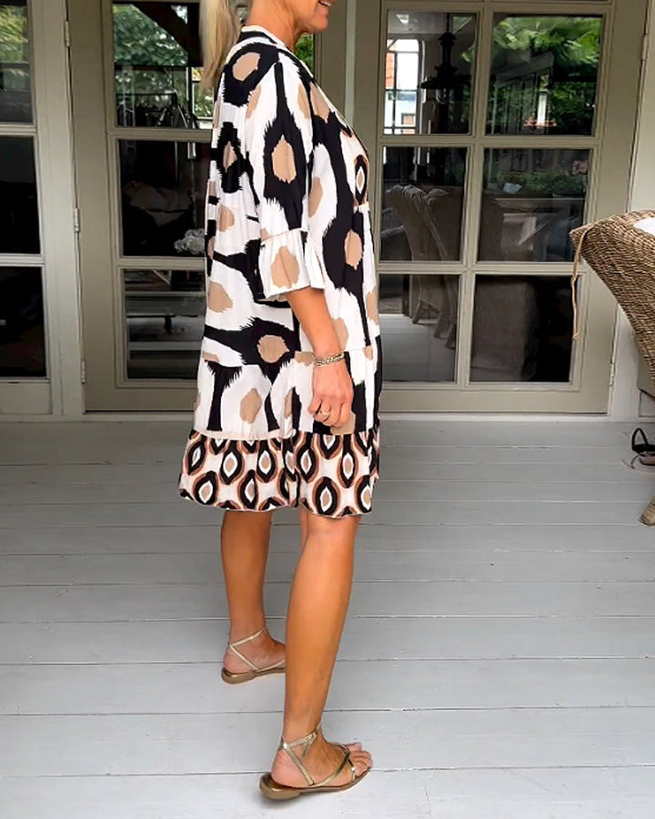 FLORA | Geprinte Jurk met 3/4 Mouwen en A-Lijn Snit voor een Elegante en Ontspannen Look